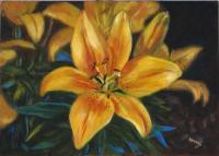 Yellow Lillies - Oil On Board Paintings - By Andres Ortega, Realistic Painting Artist