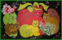 02693 - Whimsical Felines Vii - Acrylic On Canvas Paintings - By Kathleen Bellows, Whimsical Figurative Design Painting Artist