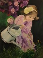 Girl With A Watering Can - Oil Paint Paintings - By Louis Loo, Realism Impressionism Painting Artist