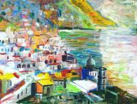 Impression Of Positano - Oil On Wood Paintings - By Rolando Lambiase, Impressionism Painting Artist