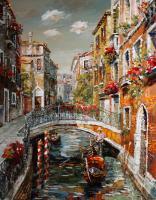 Venice Footbridge Over The Canal - Oil On Canvas Paintings - By Artemis Artists Association, Impressionism Painting Artist