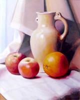 My Paintigs - Jug Rannenbrau Two Apples And An Orange On A Window Sill - Oil On Cardboard 400X500 Mm