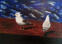 Acrylic Paintings - Seagulls On Board - Acrylics